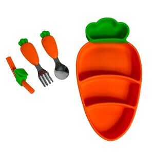 Healthy Eating Toddler Carrot Plate Shaped Silicone Feeding Set Utensils Straw